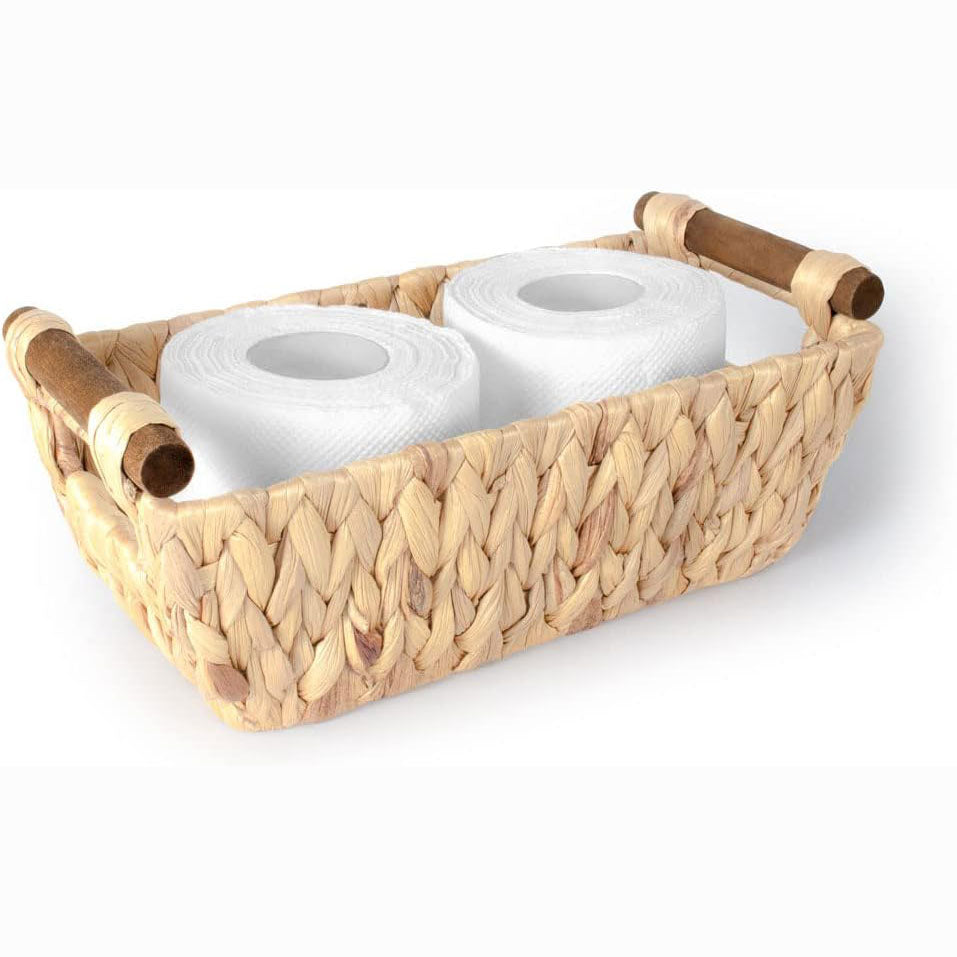 Water Hyacinth Basket with Stain Resistant Wooden Handles -Gold Plated