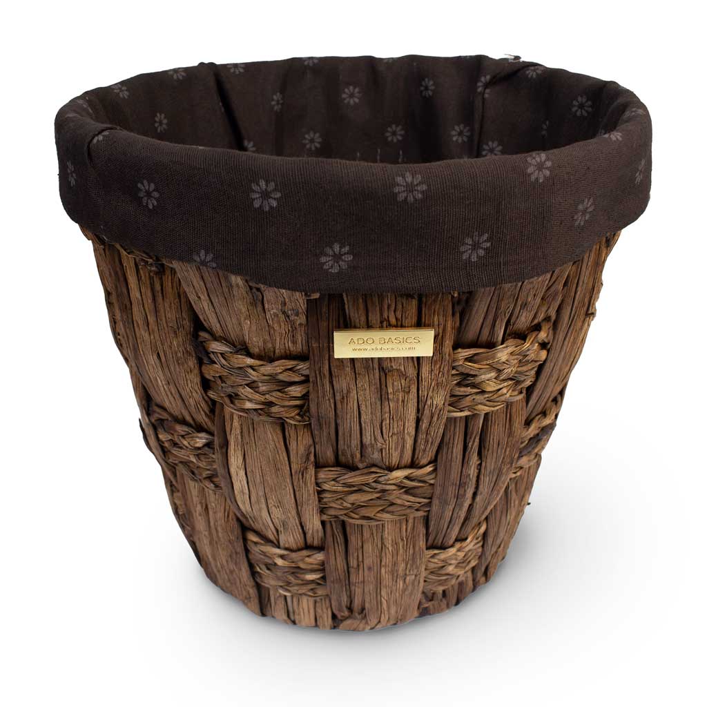 Gold Plated Water Hyacinth Round Wicker Decorative Trash Can Waste Basket With Liner