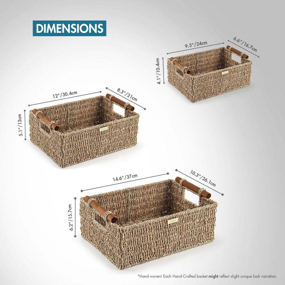 Jumbo Vietnamese Seagrass Wicker Basket with Stain Resistant Wooden Handles Rectangular -Gold Plated