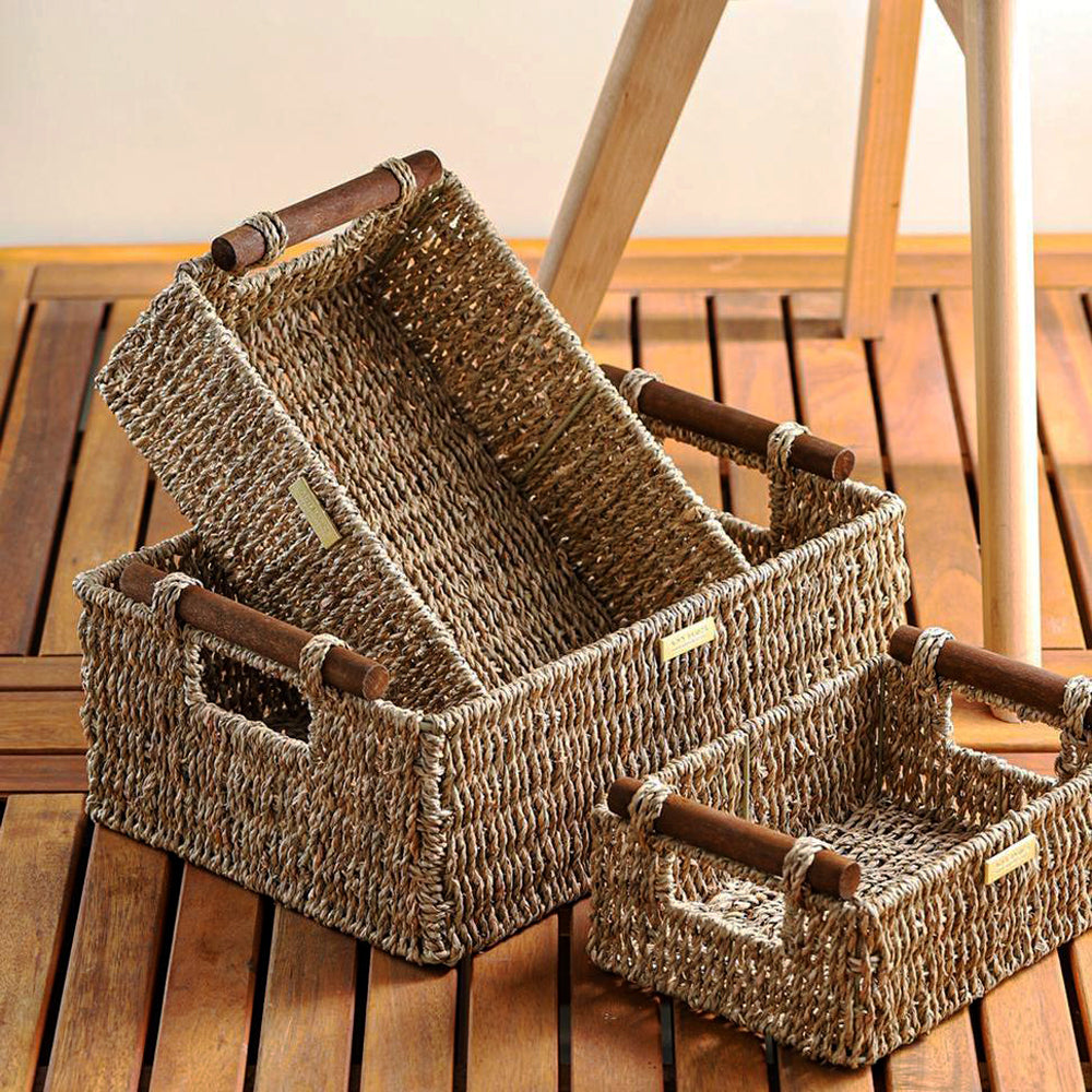 Jumbo Vietnamese Seagrass Wicker Basket with Stain Resistant Wooden Ha