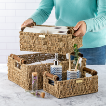 Load image into Gallery viewer, Jumbo Vietnamese Seagrass Wicker Basket with Stain Resistant Wooden Handles Rectangular -Gold Plated