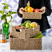 Load image into Gallery viewer, Jumbo Vietnamese Seagrass Wicker Basket with Stain Resistant Wooden Handles Rectangular -Gold Plated