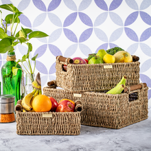 Load image into Gallery viewer, Jumbo Vietnamese Seagrass Wicker Basket with Stain Resistant Wooden Handles Rectangular -Gold Plated