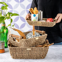 Load image into Gallery viewer, Jumbo Vietnamese Seagrass Wicker Basket with Stain Resistant Wooden Handles -Gold Plated