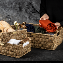 Load image into Gallery viewer, Jumbo Vietnamese Seagrass Wicker Basket with Stain Resistant Wooden Handles Rectangular -Gold Plated