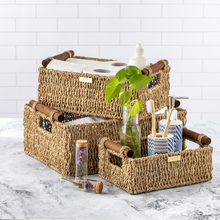 Load image into Gallery viewer, Jumbo Vietnamese Seagrass Wicker Basket with Stain Resistant Wooden Handles Rectangular -Gold Plated