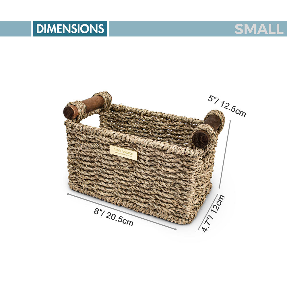 Seagrass Storage Baskets with Wooden Handles -Gold Plated