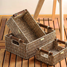 Load image into Gallery viewer, Jumbo Vietnamese Seagrass Wicker Basket with Stain Resistant Wooden Handles Rectangular -Gold Plated
